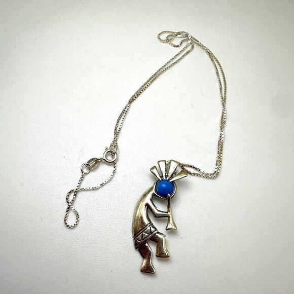 VTG Navajo Jim Calladitto Sterling Kokopelli Pendant Turquoise 925 18" necklace! - Picture 1 of 12
